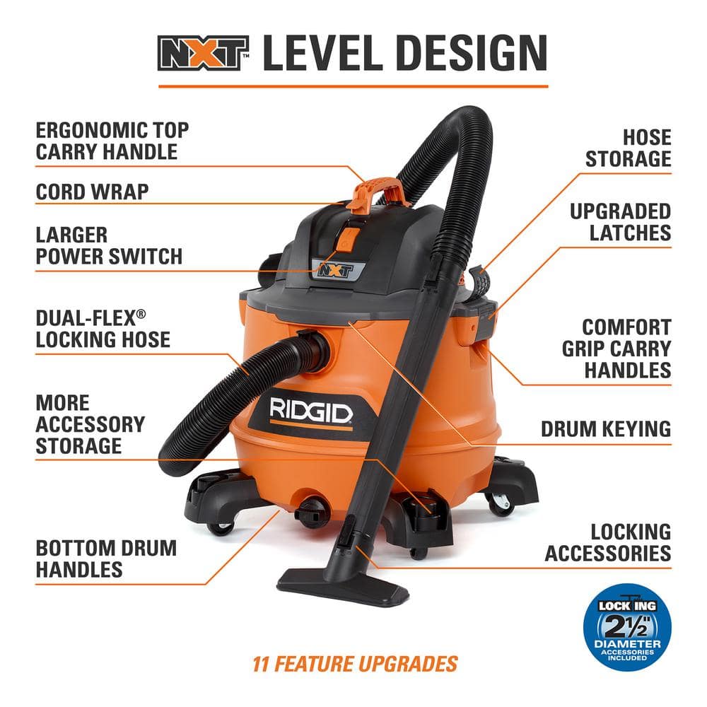 2025 Aspiradora para Líquidos y Polvo 14 Gal / 6.0 HP Pico NXT con Kit Premium para Auto – RIDGID HD1401