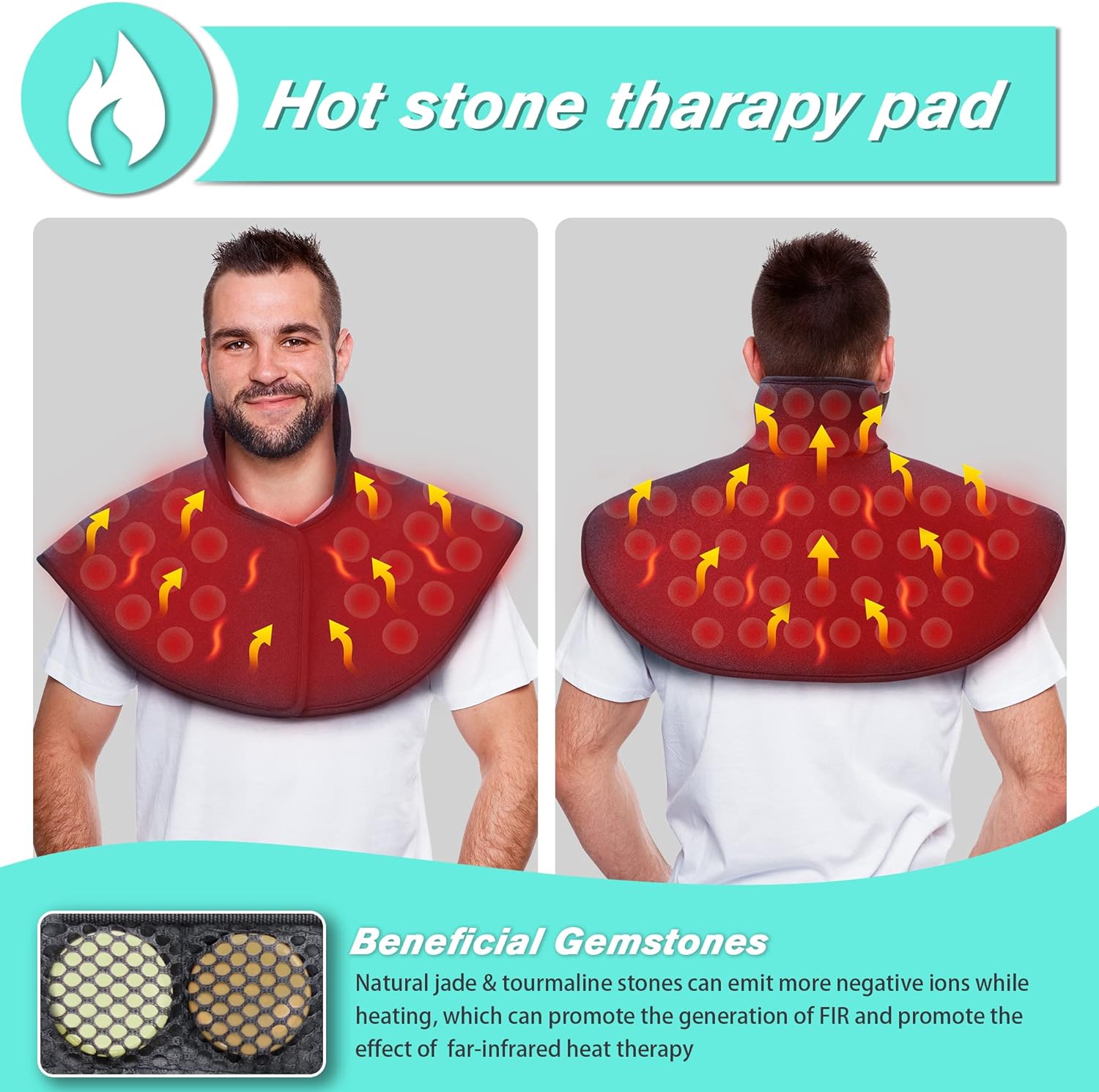 Almohadilla térmica UTK para cuello y hombros, con jade natural y turmalina, tamaño mejorado para cubrir más áreas del cuello, hombros, omóplatos y espalda (23'' x 24'') | Regalo para papá