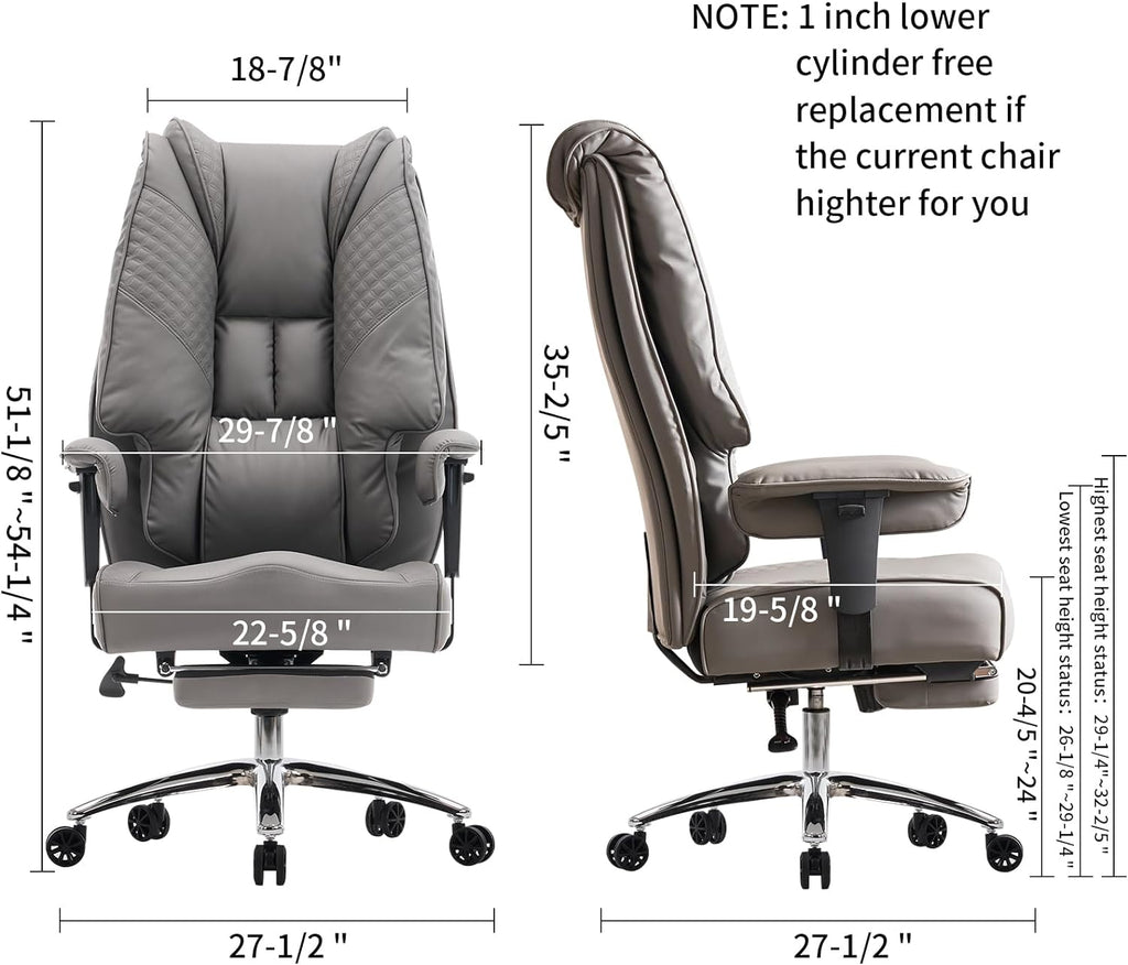 Silla de Oficina Alta y Ancha para 400 lbs, Silla Ejecutiva de Cuero con Respaldo Alto y Reposapiés, Silla Ergonómica con Soporte Lumbar para Aliviar el Dolor de Espalda Baja (Beige)