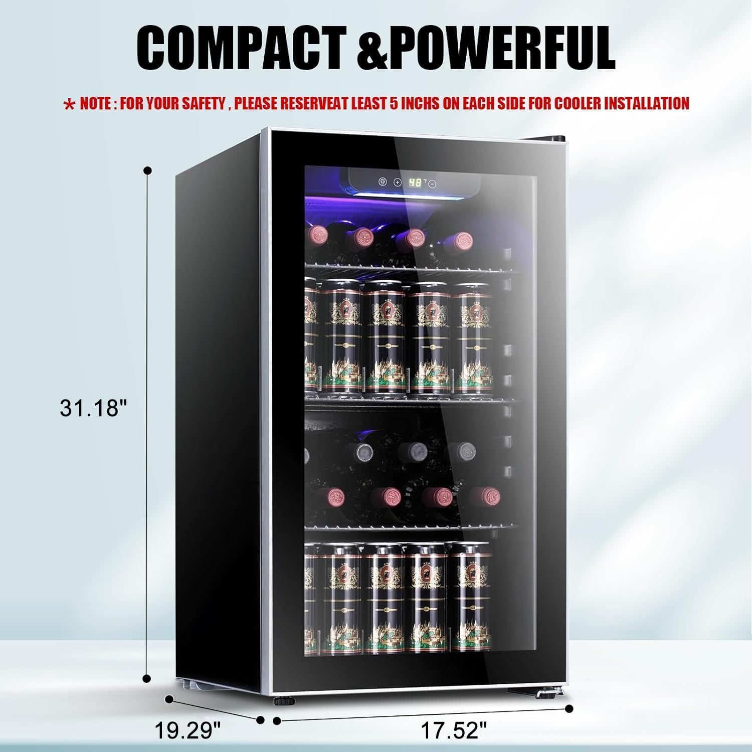 Antarctic Star Enfriador de Vino para 36 Botellas / Refrigerador de Bebidas, Mini Bodega, Refrigerador para Cerveza y Refrescos, Operación Silenciosa con Compresor, Temperatura Ajustable, Independiente, Color Negro, 4.4 pies cúbicos