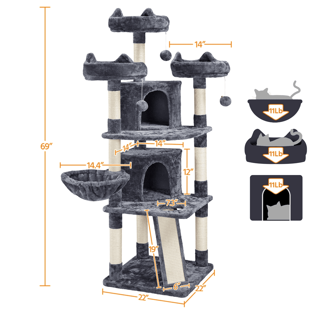 Árbol para Gato de Gran Formato Topeakmart 175 cm con 2 Cuevas y Rascadores, Gris Oscuro