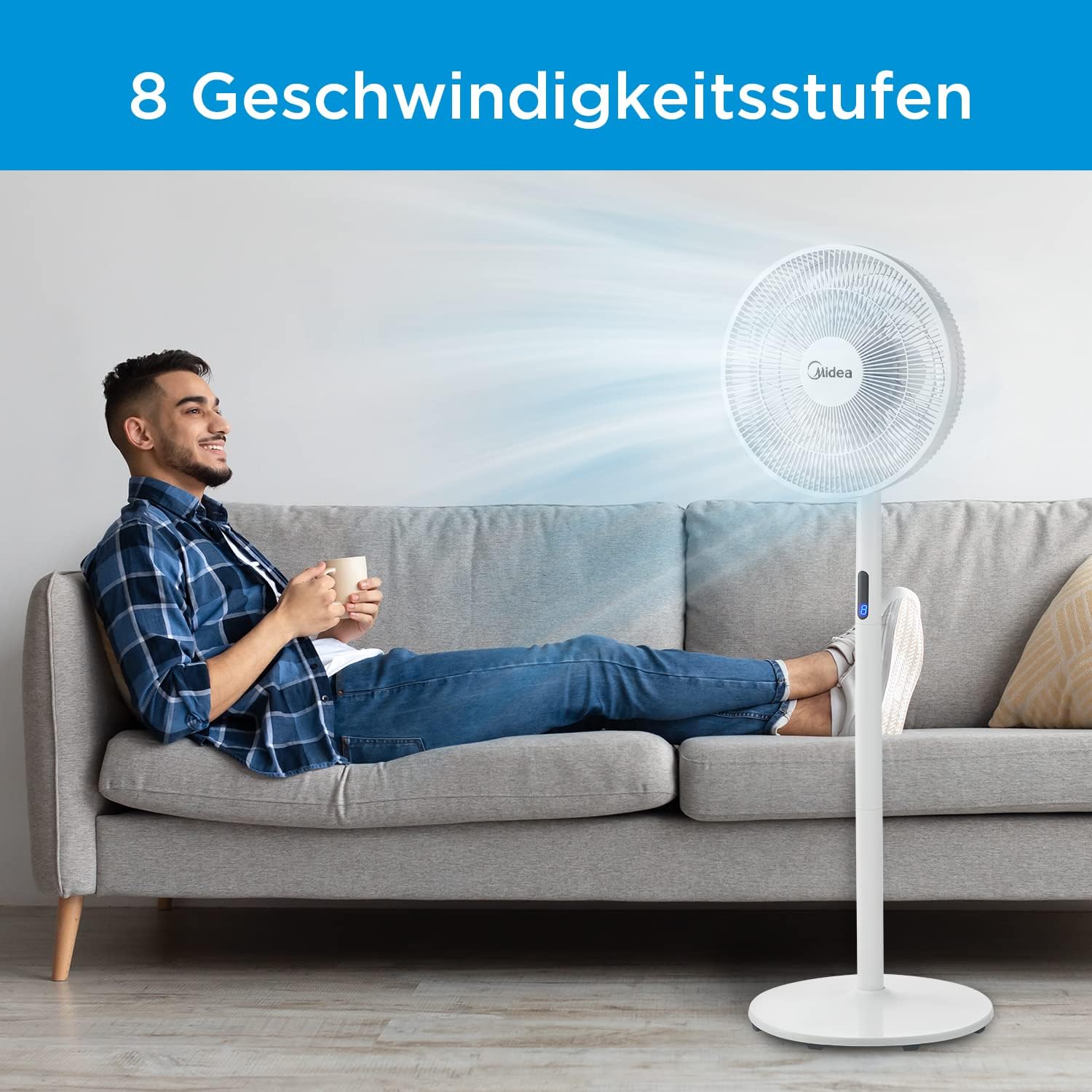 Ventilador de Pie MIDEA 12 Velocidades con Control Remoto – Ventilador Silencioso con Oscilación de 120º + 135º – Ventilador con Temporizador, Filtro y Doble Aspa – Flujo de Aire hasta 24 metros