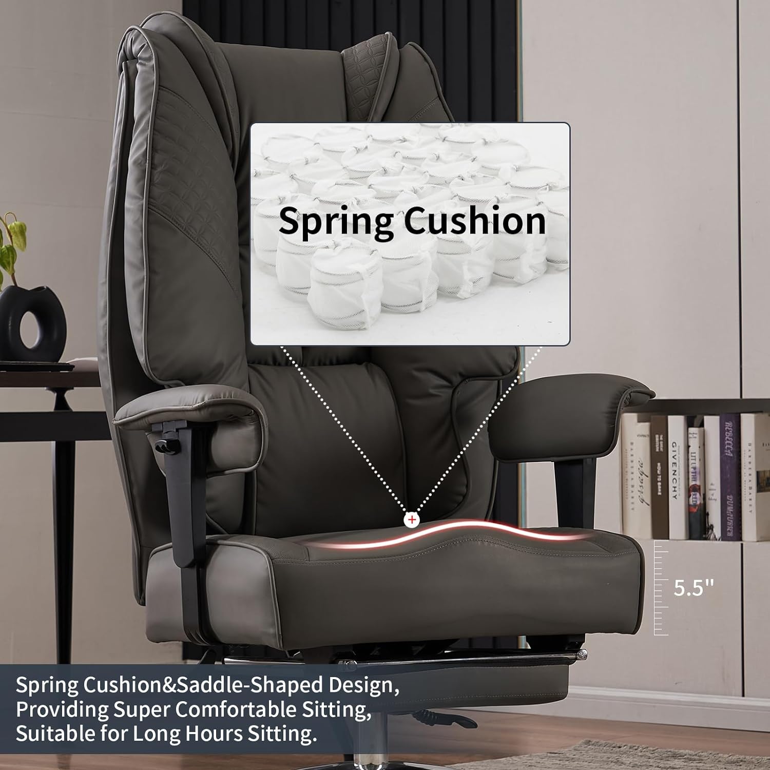 Silla de Oficina Alta y Ancha para 400 lbs, Silla Ejecutiva de Cuero con Respaldo Alto y Reposapiés, Silla Ergonómica con Soporte Lumbar para Aliviar el Dolor de Espalda Baja (Beige)