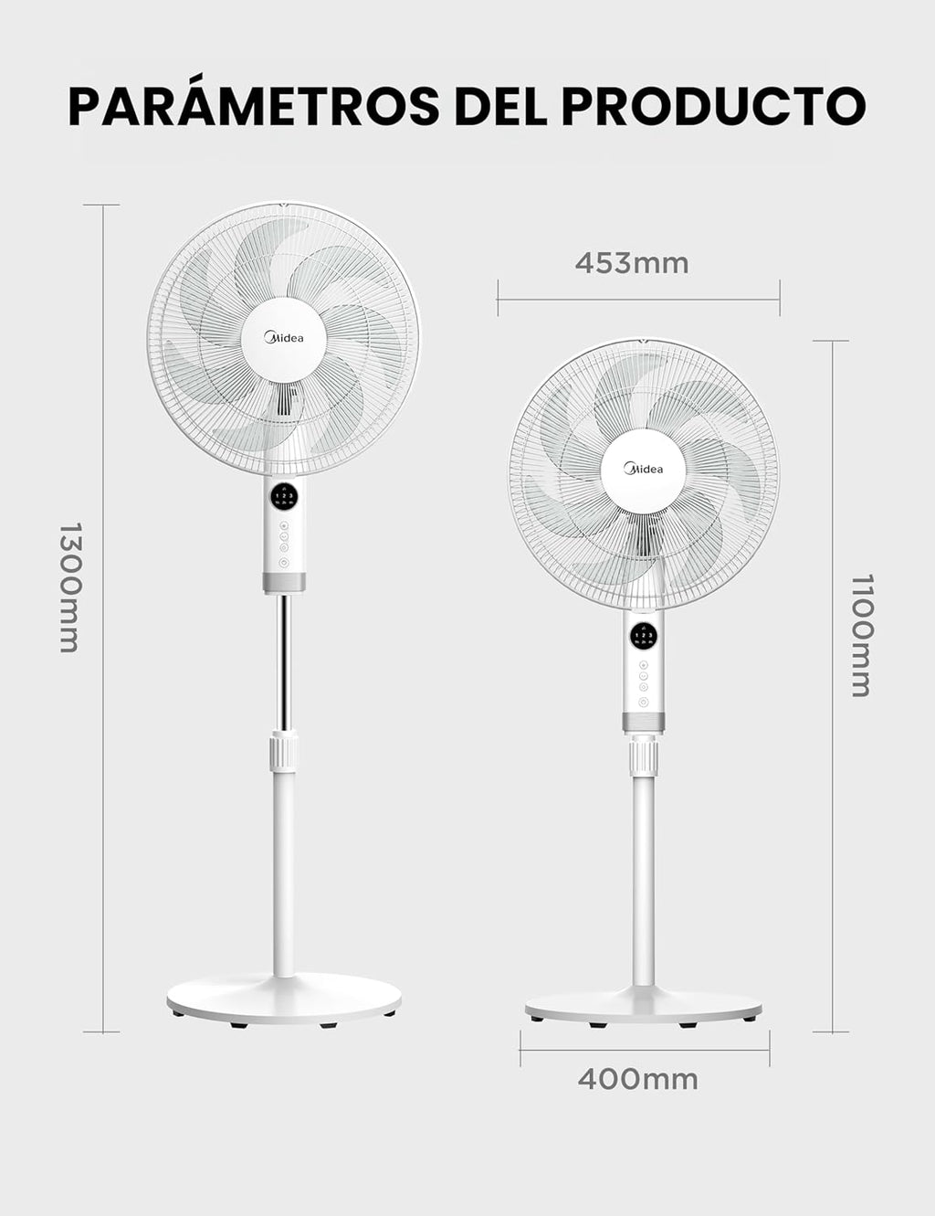 Ventilador de Pie MIDEA 12 Velocidades con Control Remoto – Ventilador Silencioso con Oscilación de 120º + 135º – Ventilador con Temporizador, Filtro y Doble Aspa – Flujo de Aire hasta 24 metros