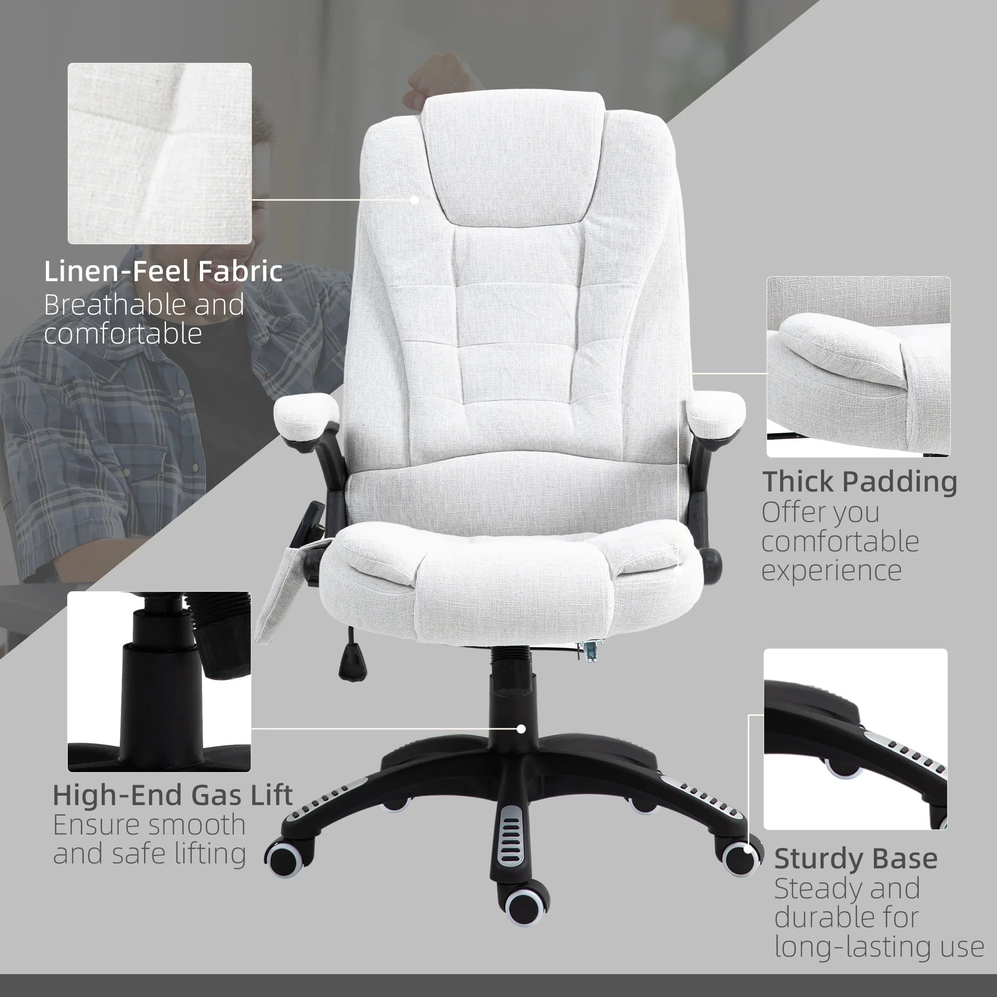 Silla de Oficina Ergonómica con Masaje de 6 Puntos y Calefacción en la Espalda, Tela Tipo Lino, Blanco Crema