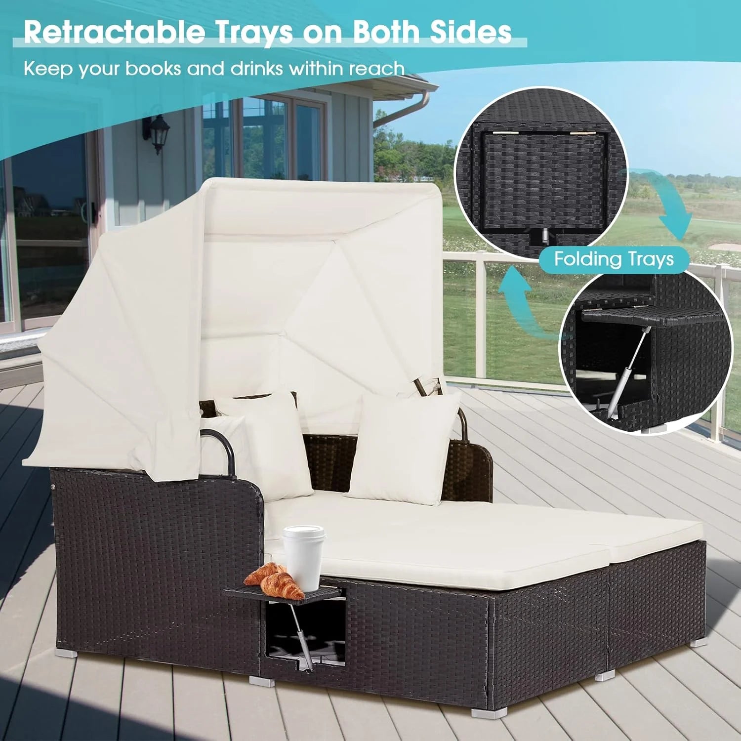 RELAX4LIFE Cama de Jardín Exterior con Dosel, Tumbona de Resina Trenzada con Cojines, 4 Almohadas y 2 Bandejas Laterales Retráctiles, Cama Lounge para 2 Personas para Piscina, Porche, Jardín, Cama de Exterior de Ratán (Turquesa)