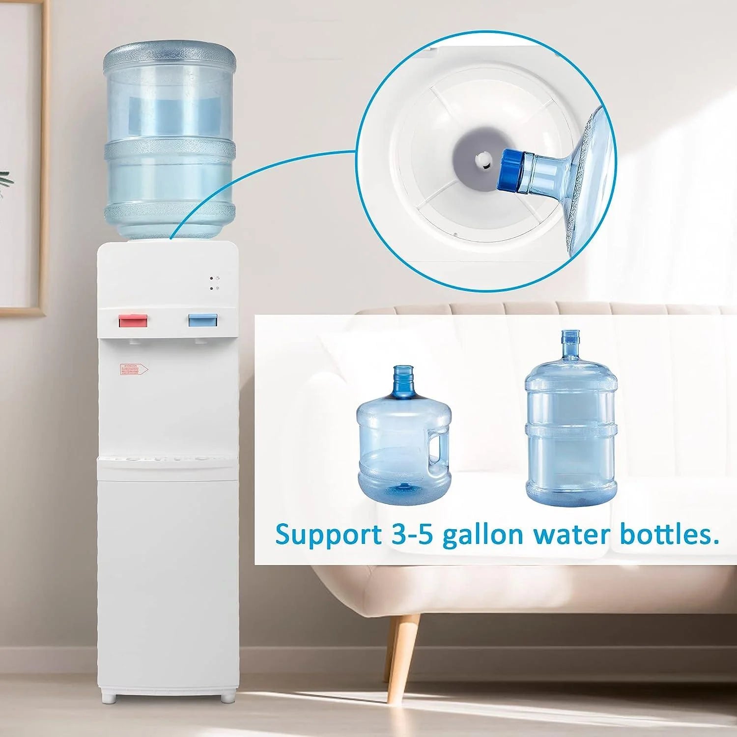 2025 Fuente de agua de carga superior para botellas de 3–5 galones – Agua caliente y fría con seguridad infantil – Blanca