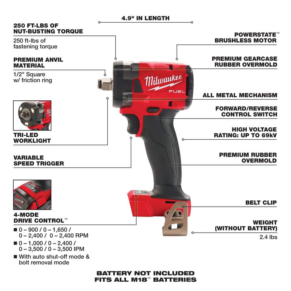 M18 FUEL GEN-3 Llave de impacto compacta inalámbrica de 18 V con motor sin escobillas y anillo de fricción de 1/2 pulgada (solo herramienta) 2855-20