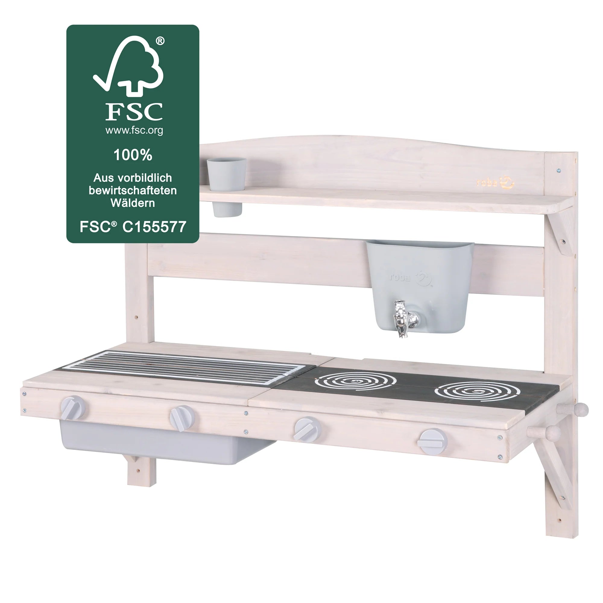 Cocina de juego y barro colgante – Madera certificada FSC – Acabado en gris grabado