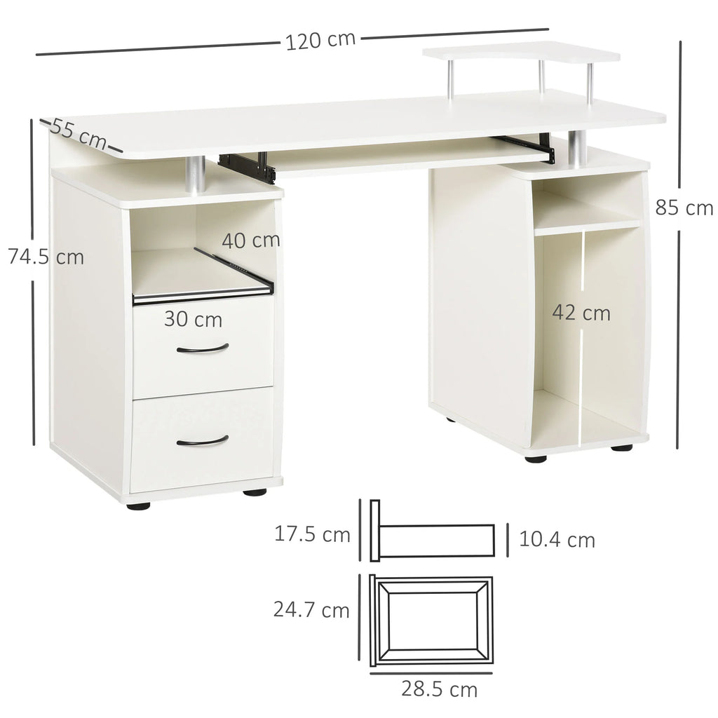 Escritorio de Ordenador para Oficina – Mesa de PC con Cajón para Teclado, Estante Deslizante para Escáner, Blanco