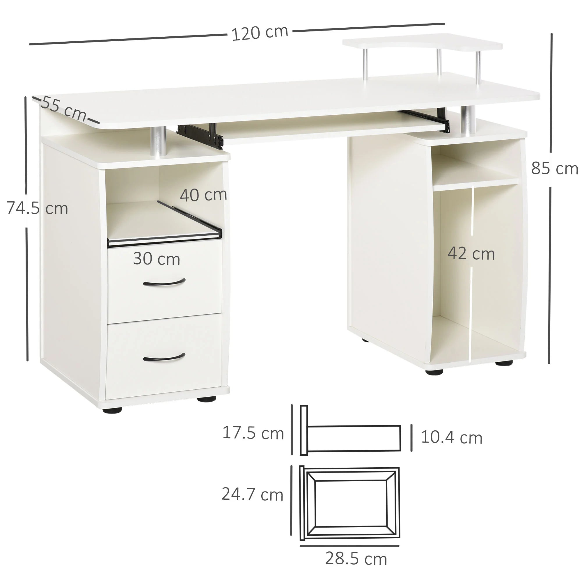 Escritorio de Ordenador para Oficina – Mesa de PC con Cajón para Teclado, Estante Deslizante para Escáner, Blanco