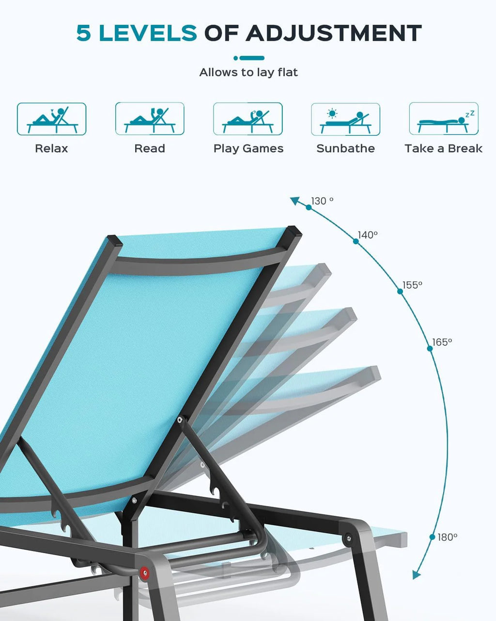 Tumbona de Aluminio para Exterior – Silla de Jardín Plegable sin Montaje, con Respaldo Ajustable en 5 Posiciones, para Terraza, Piscina, Playa – Negra