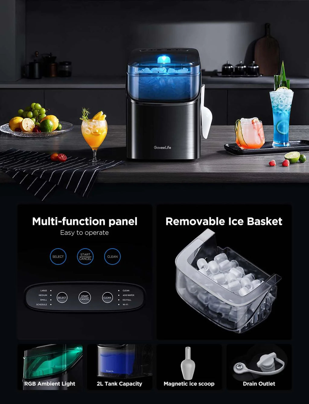 2025 GoveeLife Máquina de Hielo Inteligente con Control por Voz – 9 Cubos en 6 Minutos, 3 Tamaños, 12 kg/24h, Autolimpiante, Iluminación RGB, Silenciosa, con Pala – Negra