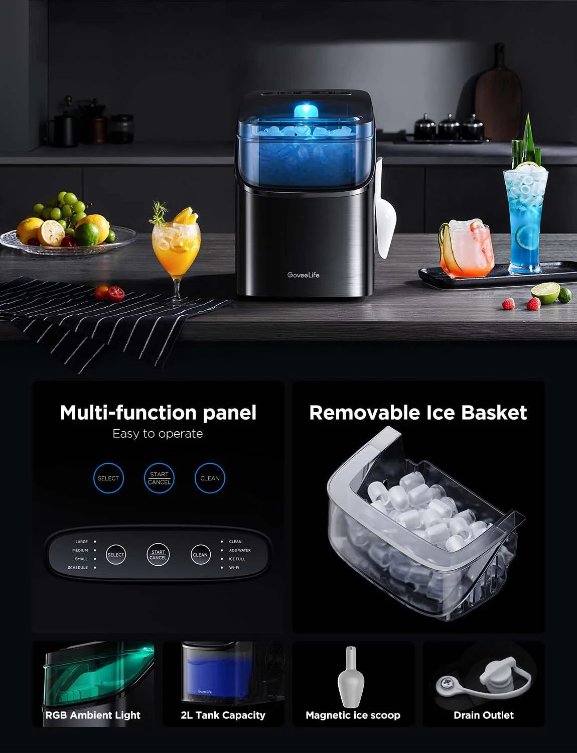 2025 GoveeLife Máquina de Hielo Inteligente con Control por Voz – 9 Cubos en 6 Minutos, 3 Tamaños, 12 kg/24h, Autolimpiante, Iluminación RGB, Silenciosa, con Pala – Negra