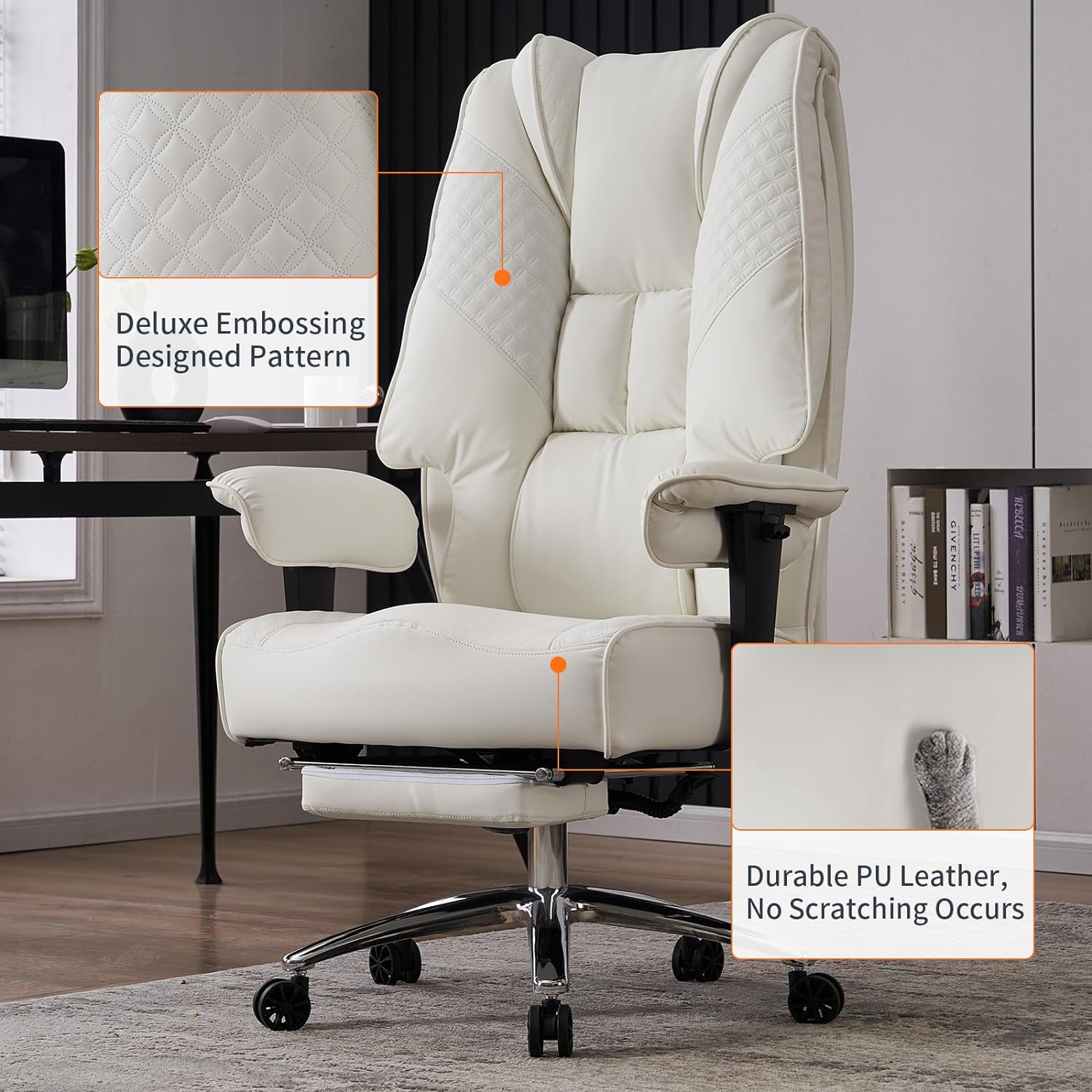 Silla de Oficina Alta y Ancha para 400 lbs, Silla Ejecutiva de Cuero con Respaldo Alto y Reposapiés, Silla Ergonómica con Soporte Lumbar para Aliviar el Dolor de Espalda Baja (Beige)