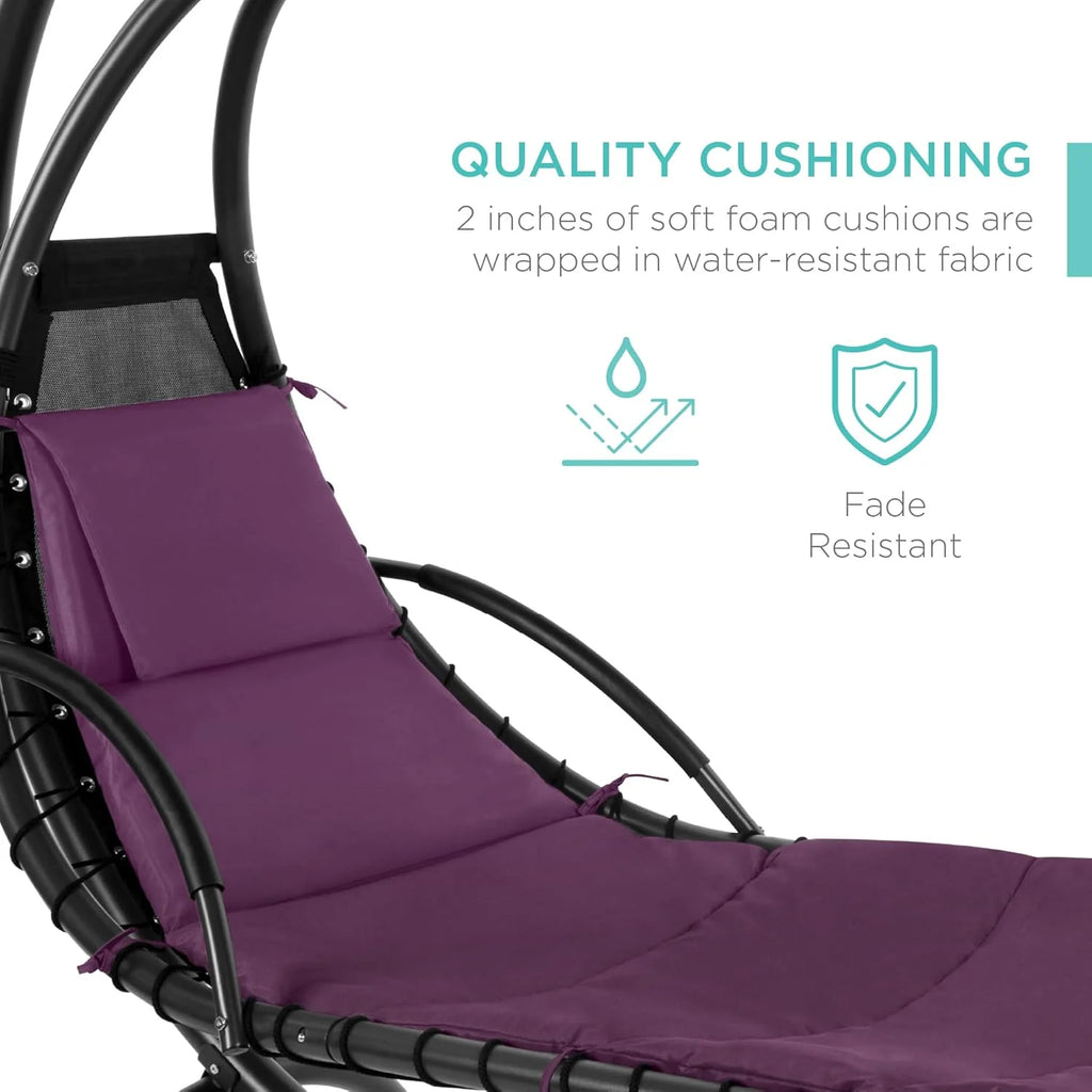 Chaise Longue Suspendue de Exterior Best Choice Products – Silla Balancín Curvada de Acero con Cojín Integrado y Toldo Desmontable – Gris Carbón