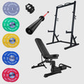 Power Bundle con Rack de Sentadillas Inclinado | Platos de Competencia de 10-55 lbs