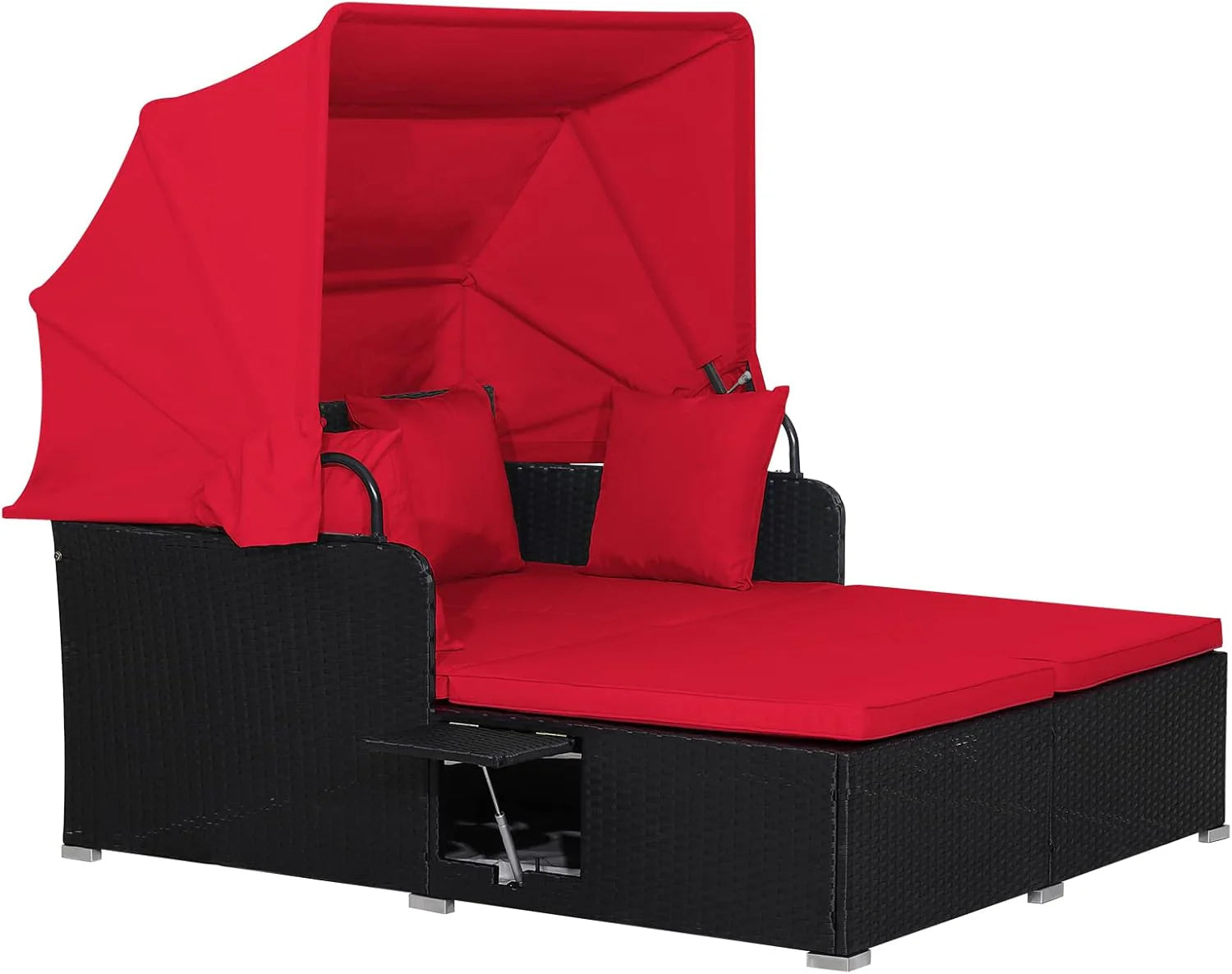 RELAX4LIFE Cama de Jardín Exterior con Dosel, Tumbona de Resina Trenzada con Cojines, 4 Almohadas y 2 Bandejas Laterales Retráctiles, Cama Lounge para 2 Personas para Piscina, Porche, Jardín, Cama de Exterior de Ratán (Turquesa)
