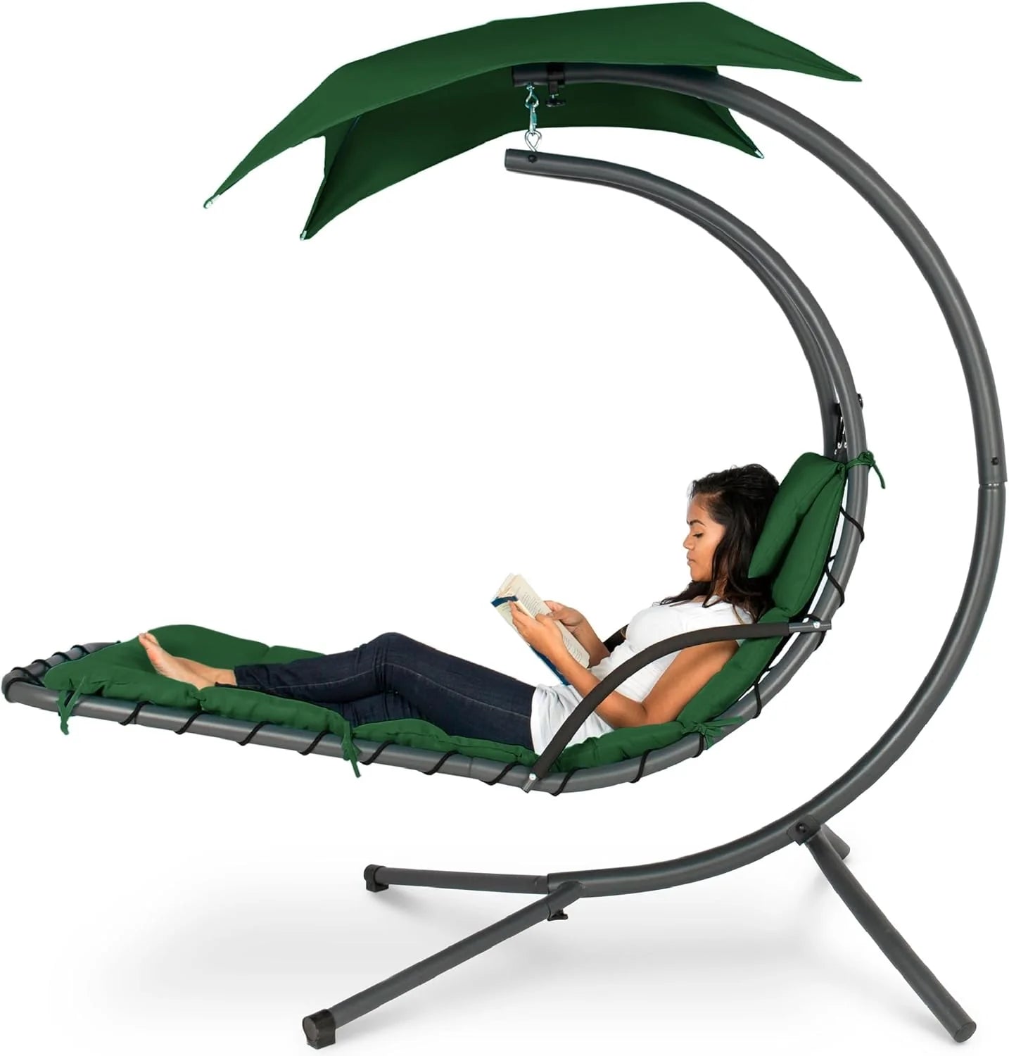 Chaise Longue Suspendue de Exterior Best Choice Products – Silla Balancín Curvada de Acero con Cojín Integrado y Toldo Desmontable – Gris Carbón