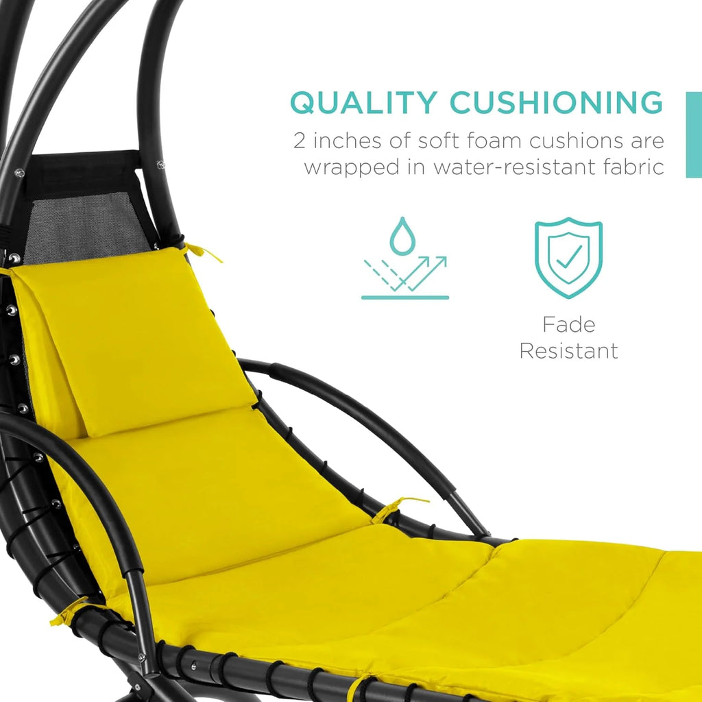 Chaise Longue Suspendue de Exterior Best Choice Products – Silla Balancín Curvada de Acero con Cojín Integrado y Toldo Desmontable – Gris Carbón