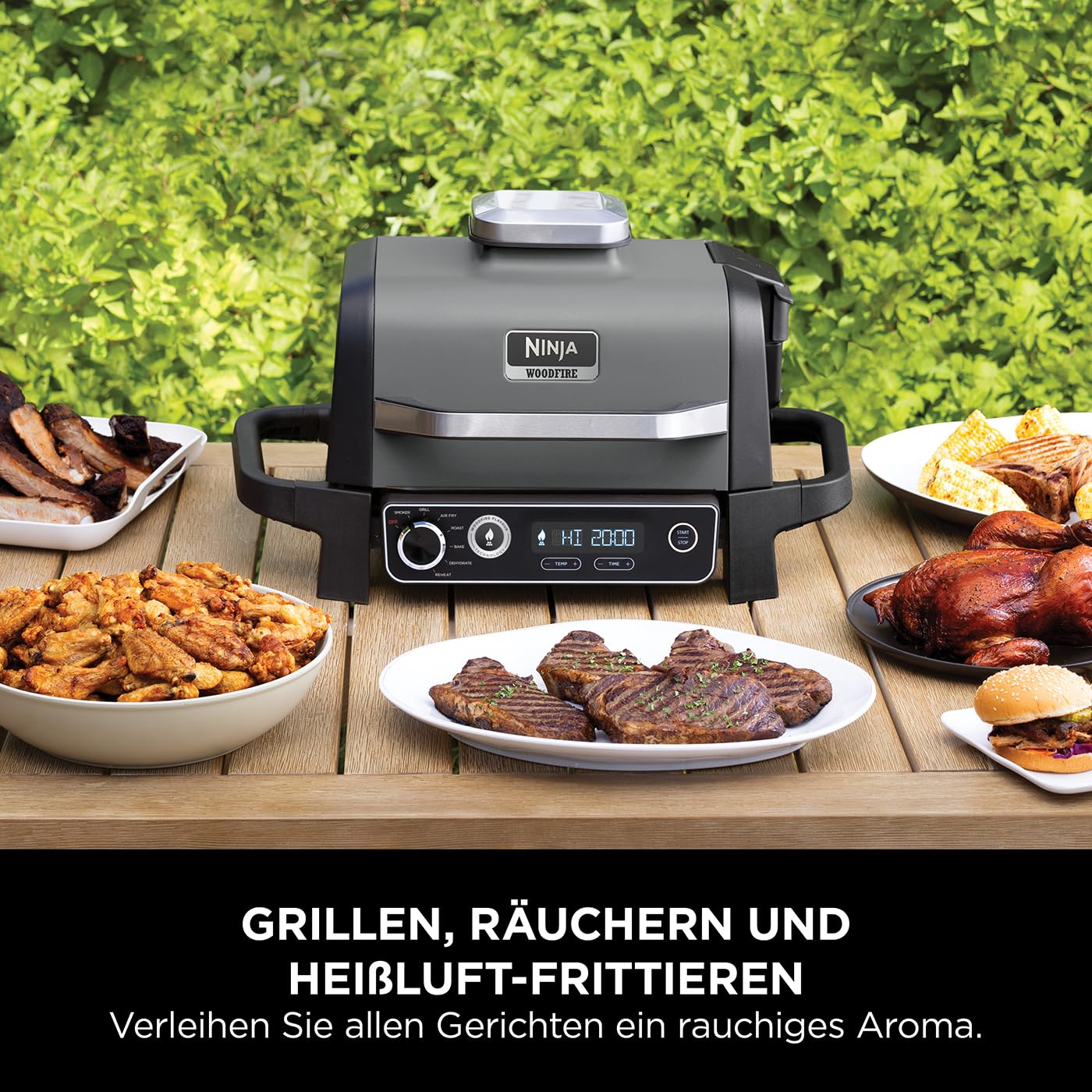 2025 Ninja Woodfire Grill Eléctrico & Ahumador & Freidora de Aire, Parrilla Exterior 7 en 1, Air Fry, Ahumado, Asado, Cocción, Resistente a la Intemperie, Antiadherente, Portátil, Eléctrico, Gris/Negro OG701EU