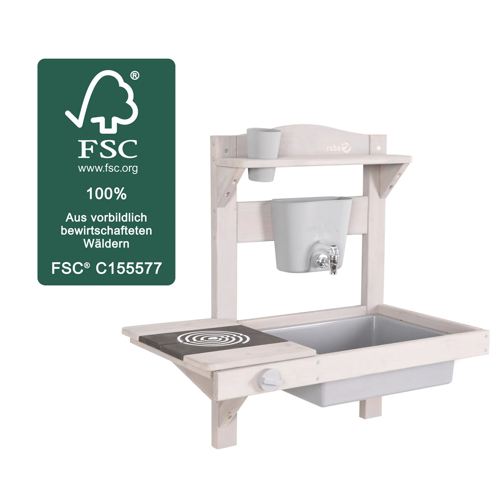 Cocina colgante de juego y barro con accesorios – Madera certificada FSC – Acabado en gris grabado