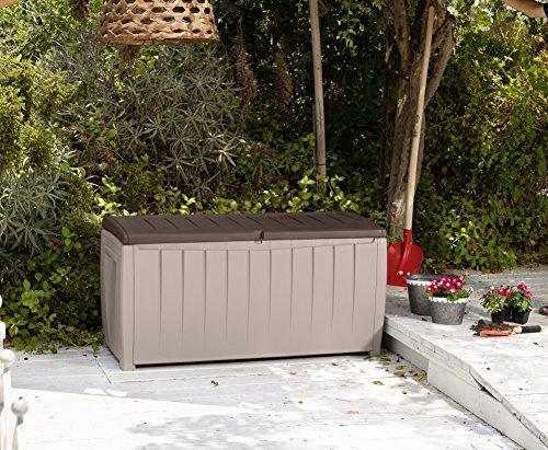 Keter Novel Contenedor de Almacenamiento de Plástico para Deck, Caja de Almacenaje Exterior, Muebles de Patio, 90 Galones, Marrón