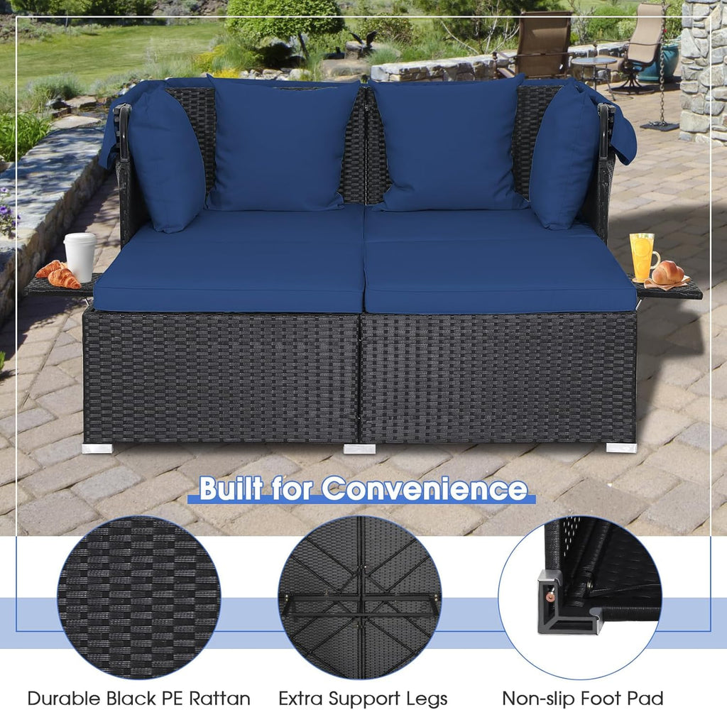 RELAX4LIFE Cama de Jardín Exterior con Dosel, Tumbona de Resina Trenzada con Cojines, 4 Almohadas y 2 Bandejas Laterales Retráctiles, Cama Lounge para 2 Personas para Piscina, Porche, Jardín, Cama de Exterior de Ratán (Turquesa)