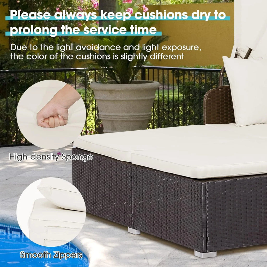 RELAX4LIFE Cama de Jardín Exterior con Dosel, Tumbona de Resina Trenzada con Cojines, 4 Almohadas y 2 Bandejas Laterales Retráctiles, Cama Lounge para 2 Personas para Piscina, Porche, Jardín, Cama de Exterior de Ratán (Turquesa)