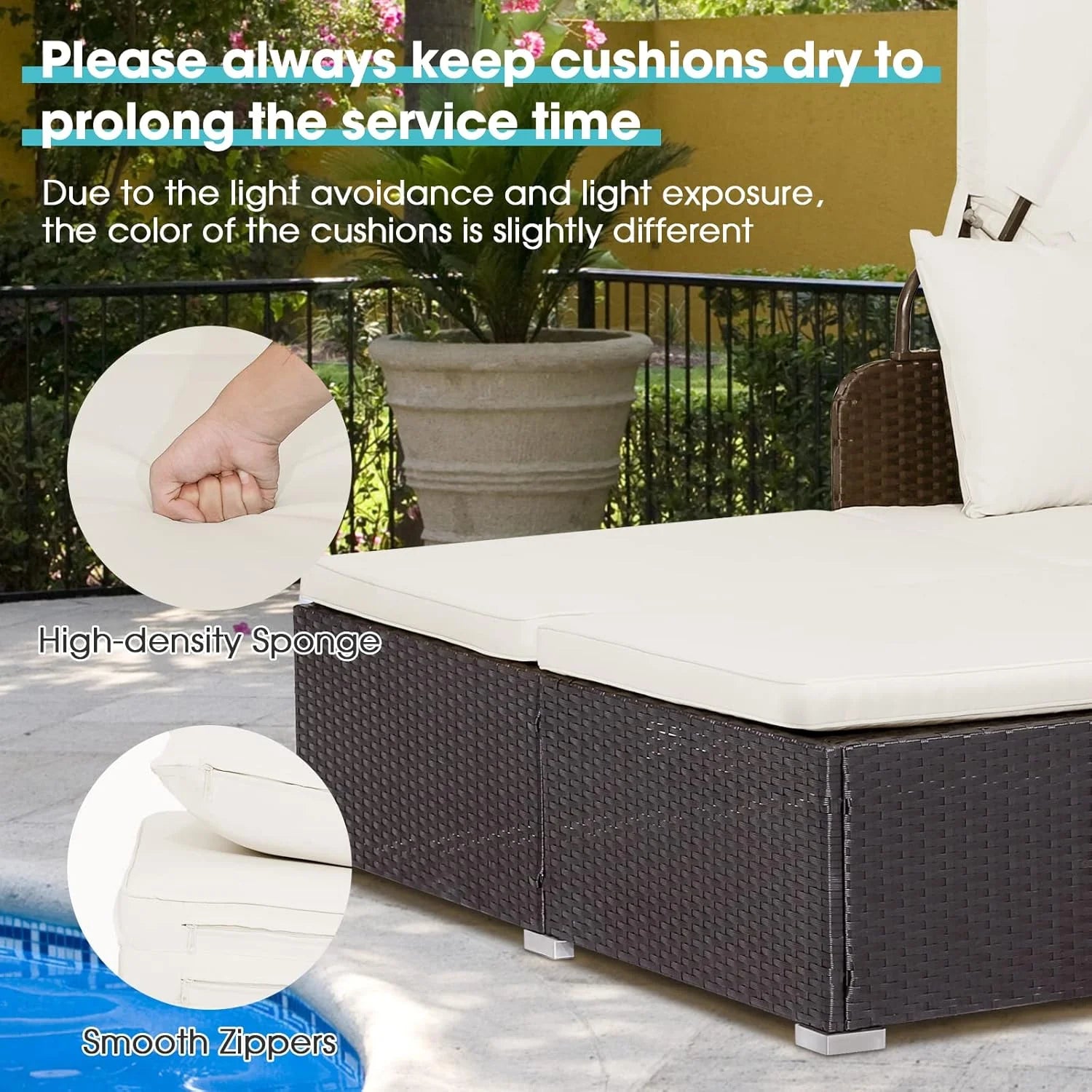 RELAX4LIFE Cama de Jardín Exterior con Dosel, Tumbona de Resina Trenzada con Cojines, 4 Almohadas y 2 Bandejas Laterales Retráctiles, Cama Lounge para 2 Personas para Piscina, Porche, Jardín, Cama de Exterior de Ratán (Turquesa)