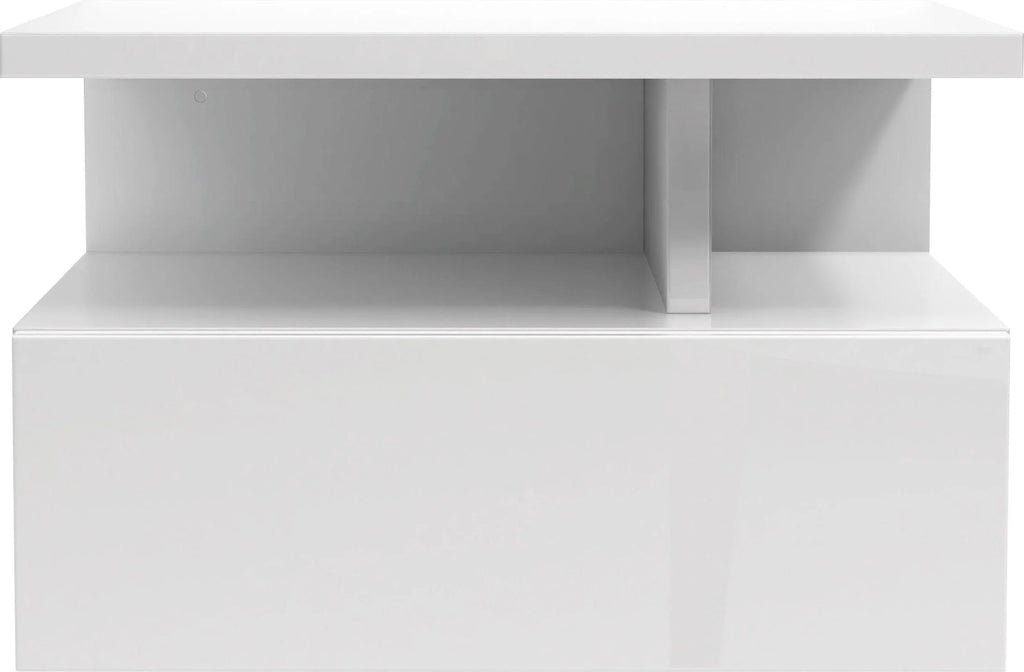 Mesita de noche suspendida Roma blanco brillante, con diseño minimalista de 35,5 cm de ancho
