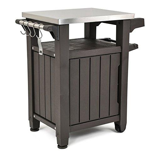 Mesa Portátil de Exterior y Armario de Almacenamiento Keter Unity con Ganchos para Accesorios de Parrilla - Superficie Superior de Acero Inoxidable para Isla de Cocina de Patio o Carrito de Bar, Color Espresso Brown