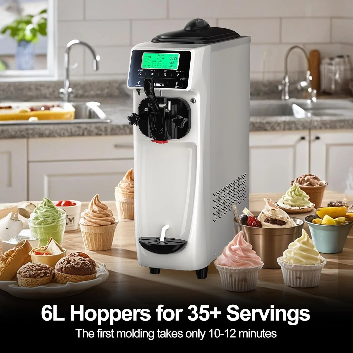 Máquina de helado italiano GSEICE – Capacidad de 12 L (3,2 galones), monofunción, de instalación libre con función de preenfriamiento – Ideal para el hogar, escuelas, tiendas o uso comercial