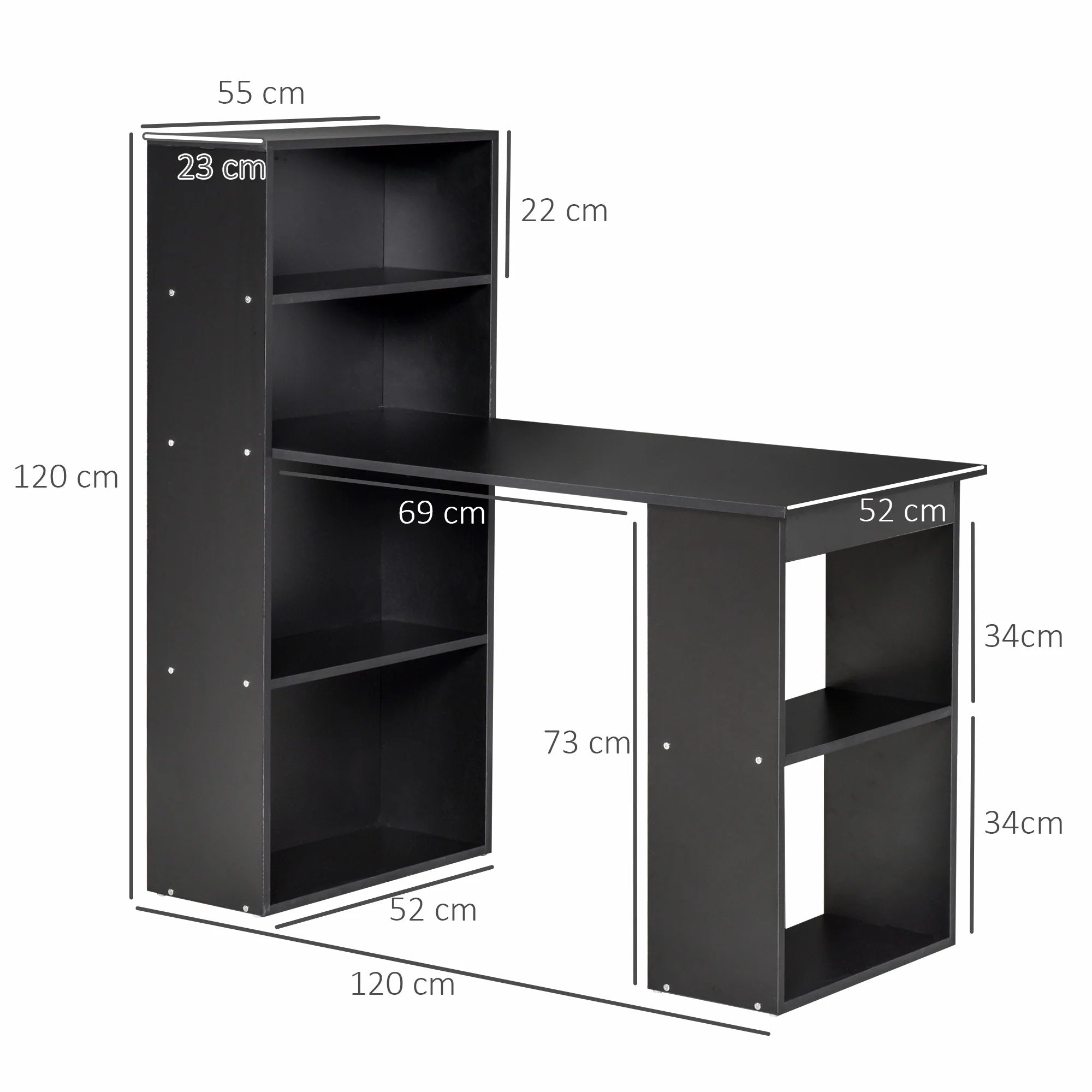 Escritorio de Ordenador Moderno de 120 cm con Estantería, Mesa de Estudio y Estación de Trabajo con 6 Estantes, Negro