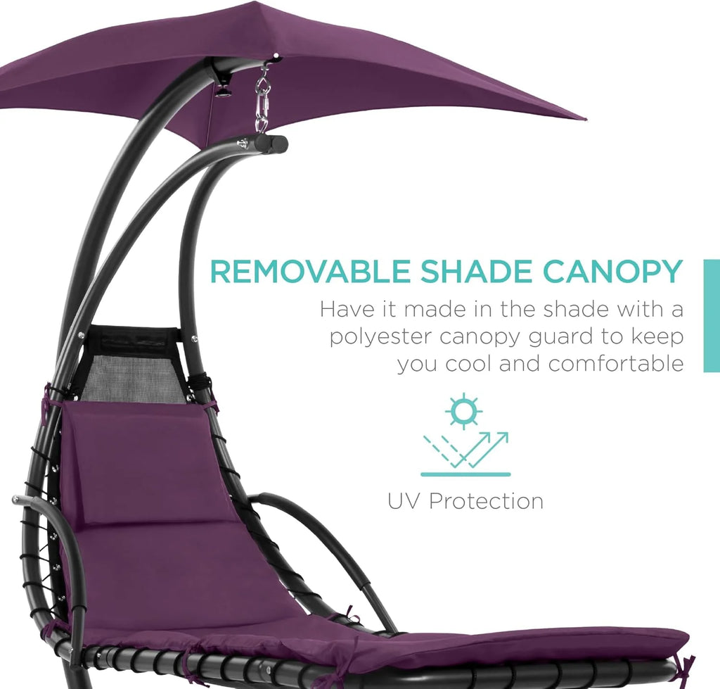 Chaise Longue Suspendue de Exterior Best Choice Products – Silla Balancín Curvada de Acero con Cojín Integrado y Toldo Desmontable – Gris Carbón