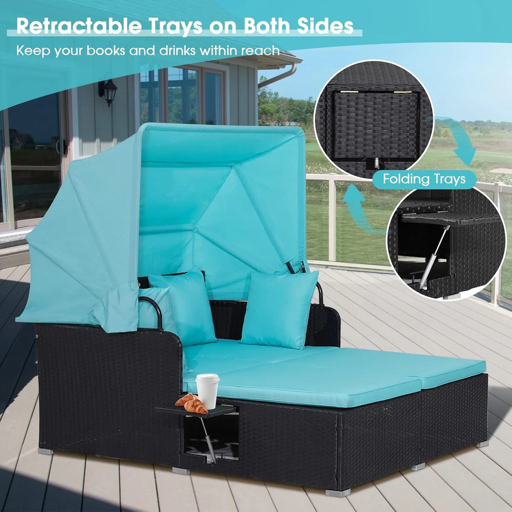 RELAX4LIFE Cama de Jardín Exterior con Dosel, Tumbona de Resina Trenzada con Cojines, 4 Almohadas y 2 Bandejas Laterales Retráctiles, Cama Lounge para 2 Personas para Piscina, Porche, Jardín, Cama de Exterior de Ratán (Turquesa)