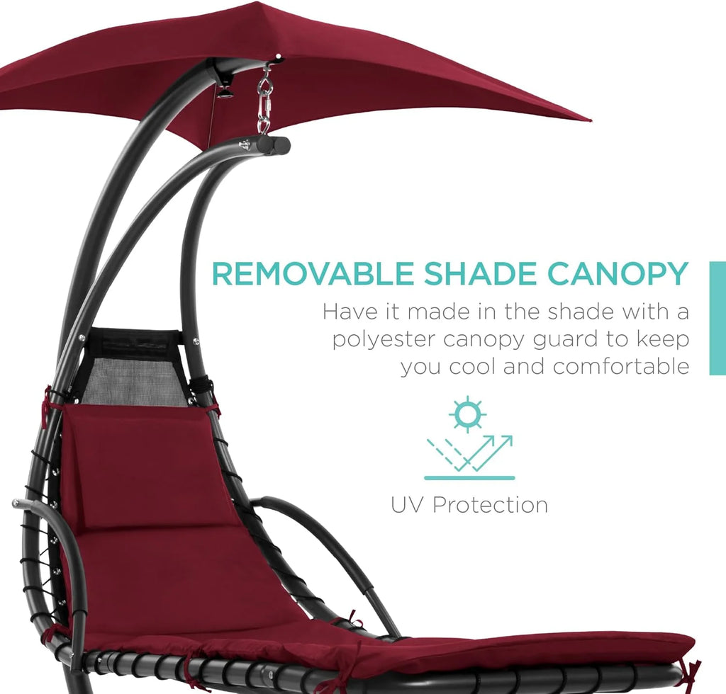 Chaise Longue Suspendue de Exterior Best Choice Products – Silla Balancín Curvada de Acero con Cojín Integrado y Toldo Desmontable – Gris Carbón