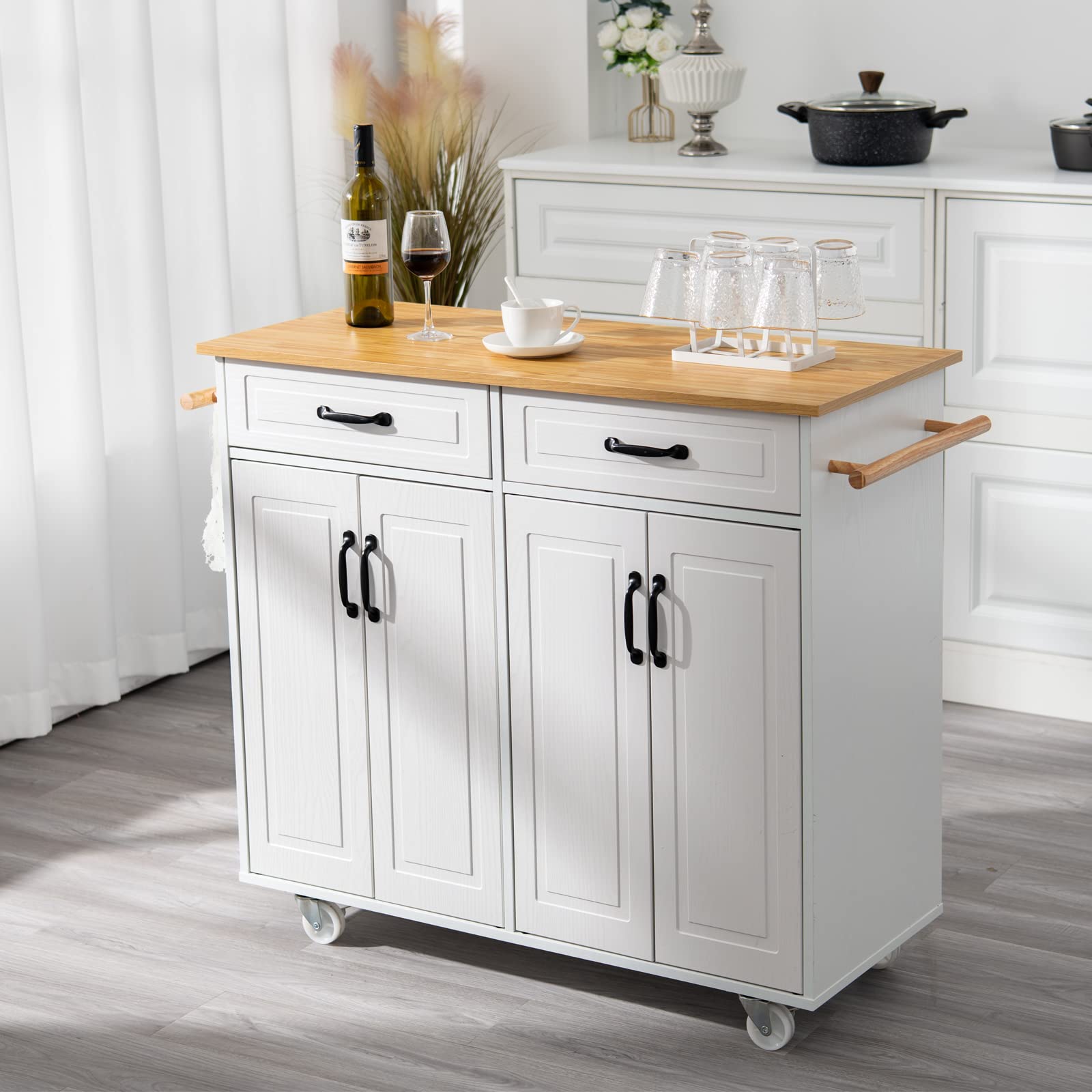 4 EVER WINNER Isla de Cocina Blanca con Almacenamiento sobre Ruedas, Carrito de Cocina Móvil con 2 Cajones y 4 Gabinetes de Almacenaje, Encimera de Madera, Barras para Toallas, Estantes Ajustables