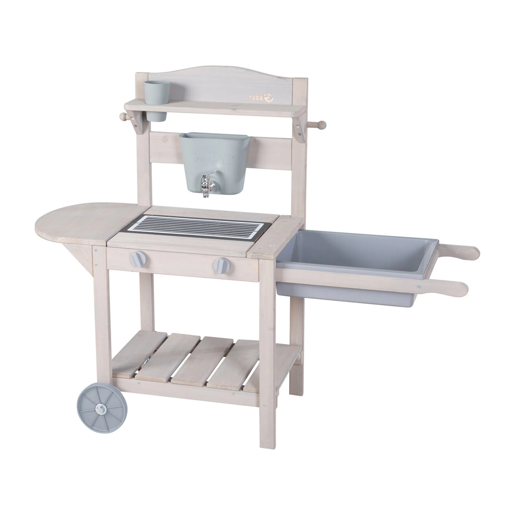 Cocina móvil de juego "Mud & Play BBQ" para niños – Madera certificada FSC – Acabado en gris grabado