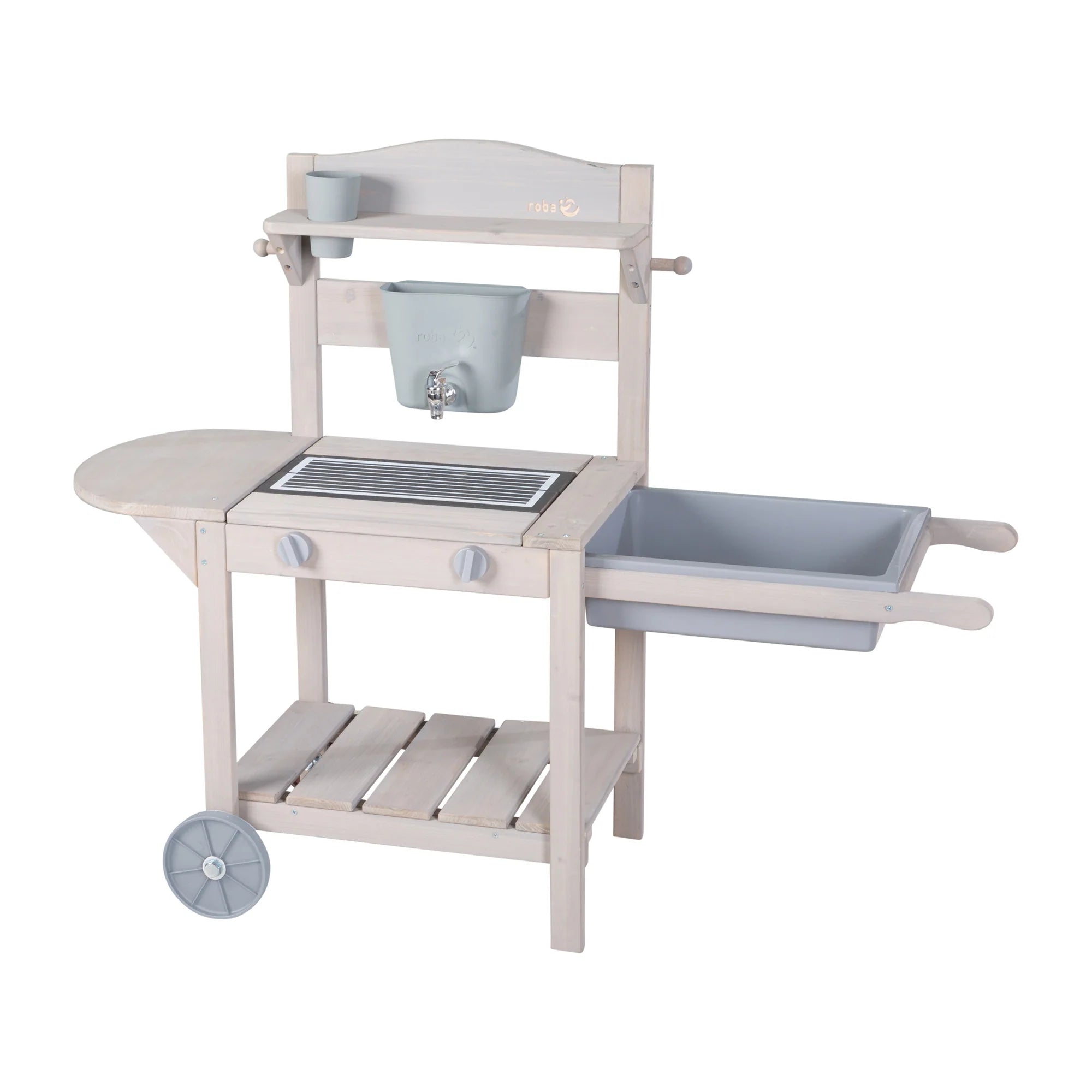 Cocina móvil de juego y barro con BBQ para niños - Madera certificada FSC - Acabado en gris grabado