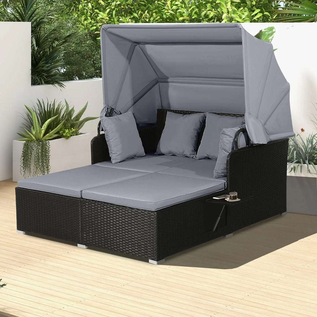RELAX4LIFE Cama de Jardín Exterior con Dosel, Tumbona de Resina Trenzada con Cojines, 4 Almohadas y 2 Bandejas Laterales Retráctiles, Cama Lounge para 2 Personas para Piscina, Porche, Jardín, Cama de Exterior de Ratán (Turquesa)