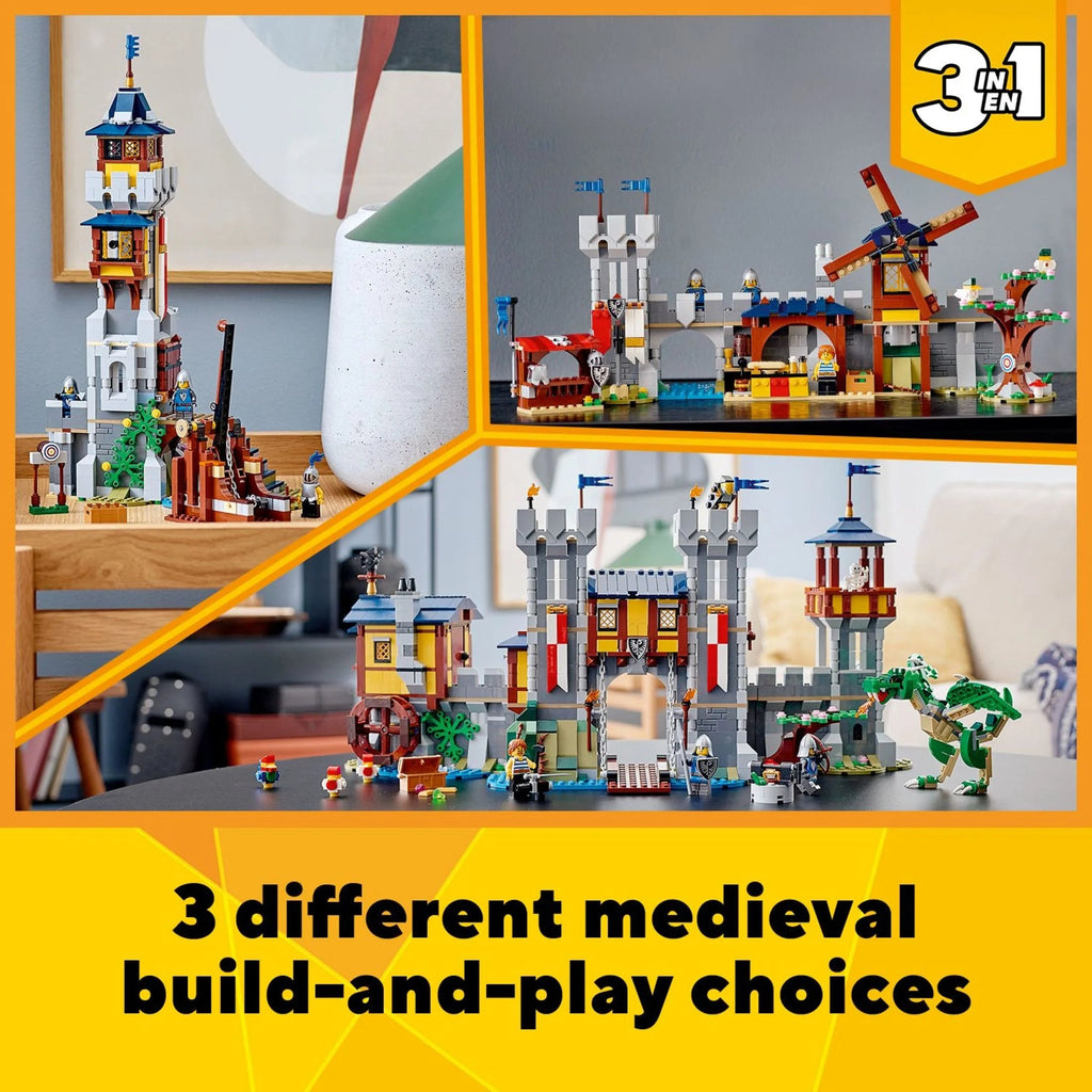 LEGO Creator 3 en 1 Castillo Medieval, se transforma de castillo a torre y a mercado, incluye figura de esqueleto y dragón, con 3 minifiguras y catapulta, 31120