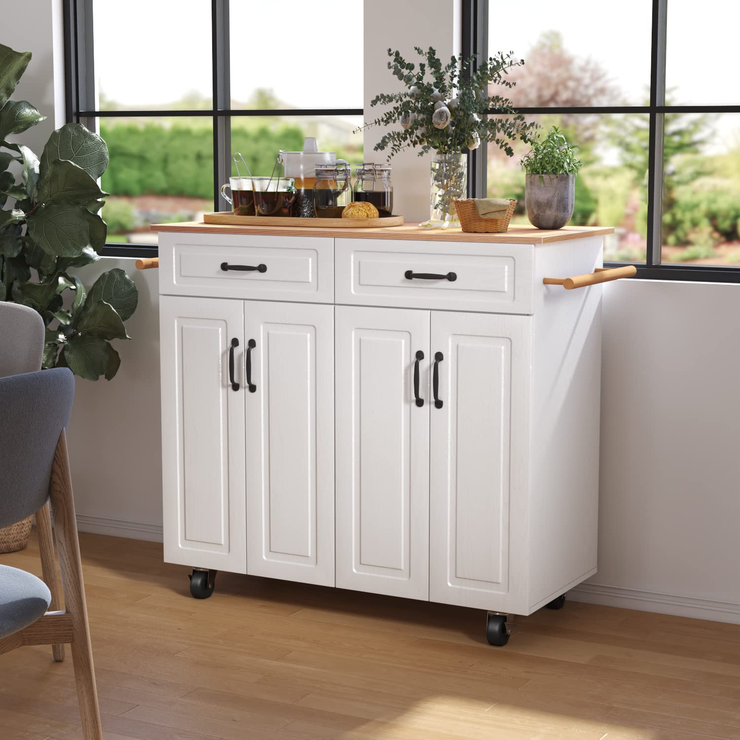 4 EVER WINNER Isla de Cocina Blanca con Almacenamiento sobre Ruedas, Carrito de Cocina Móvil con 2 Cajones y 4 Gabinetes de Almacenaje, Encimera de Madera, Barras para Toallas, Estantes Ajustables