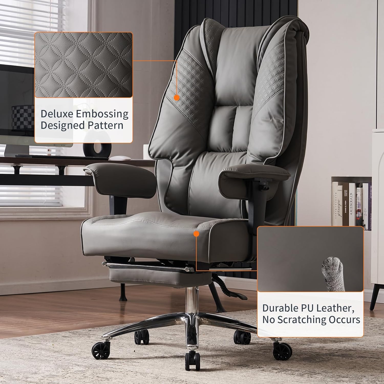 Silla de Oficina Alta y Ancha para 400 lbs, Silla Ejecutiva de Cuero con Respaldo Alto y Reposapiés, Silla Ergonómica con Soporte Lumbar para Aliviar el Dolor de Espalda Baja (Beige)