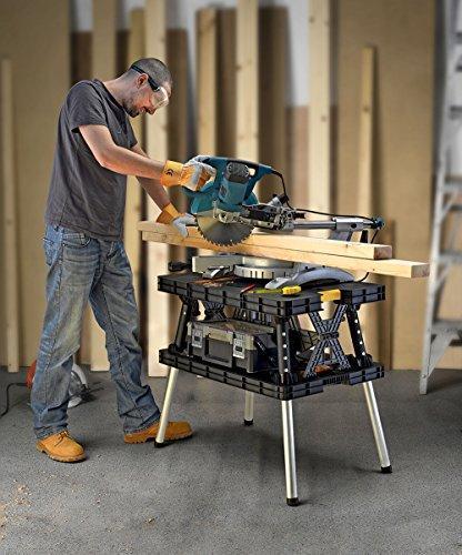 Keter – Mesa de Trabajo Plegable para Banco de Sierra de Ingletes, Herramientas y Accesorios de Carpintería con Abrazaderas de Madera de 12 Pulgadas Incluidas – Almacenamiento Fácil para el Garaje, Negro/Amarillo