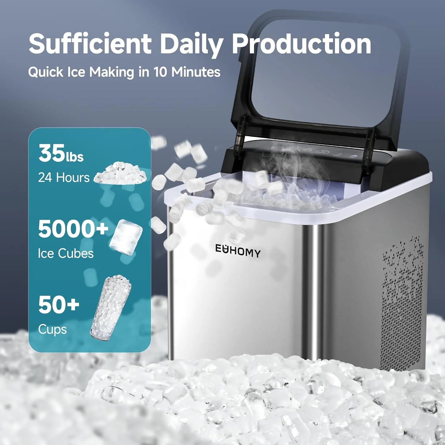 Fabricante de Hielo en Piezas EUHOMY para Mostrador – Listo en 8 Minutos, 16 kg/24H, Autolimpiante, Máquina de Hielo Portátil con Pala y Cubeta, Hielo Sonic Comestible para Casa, Fiestas, Camping o Caravana