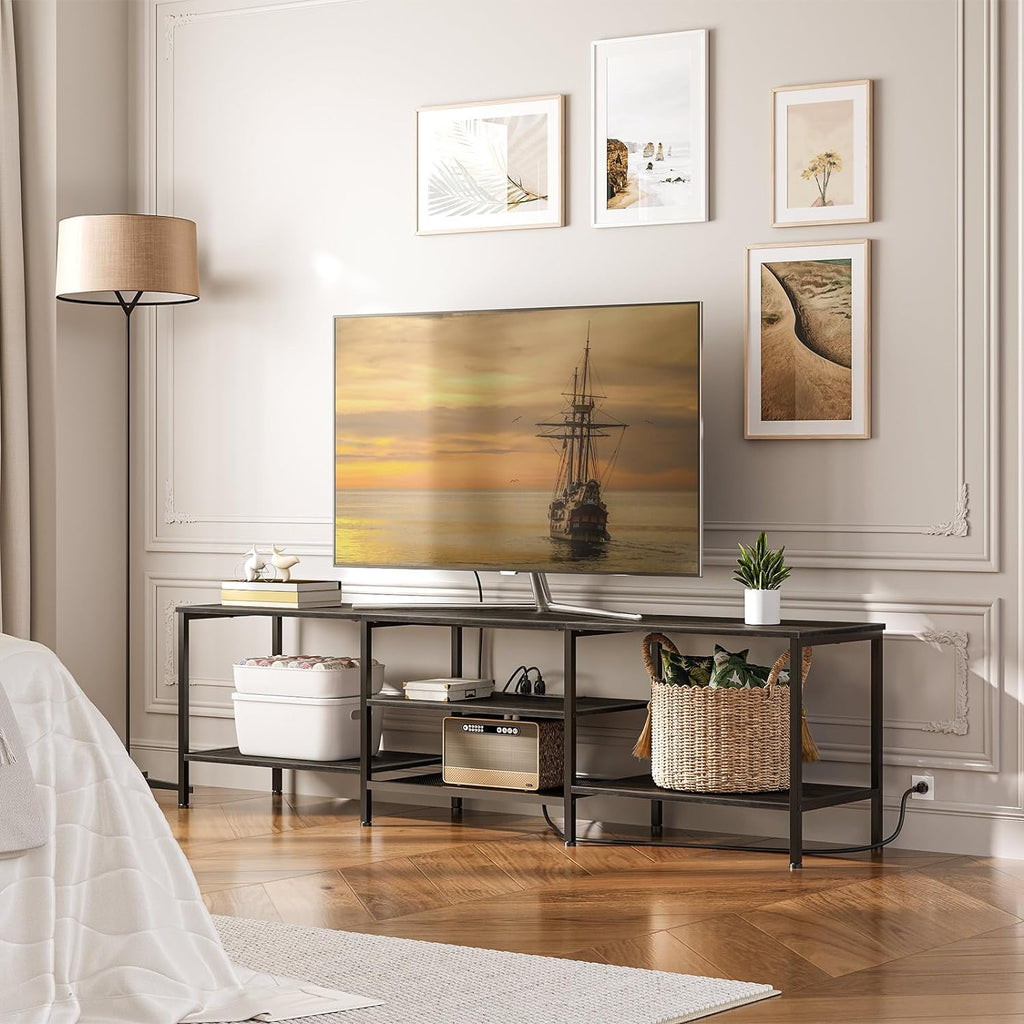 Mueble para TV con Enchufes Integrados para TVs de hasta 75 Pulgadas, Mesa Consola con Estantes Abiertos, Centro de Entretenimiento Industrial para Sala o Dormitorio, Color Marrón Rústico y Negro BF60DS01