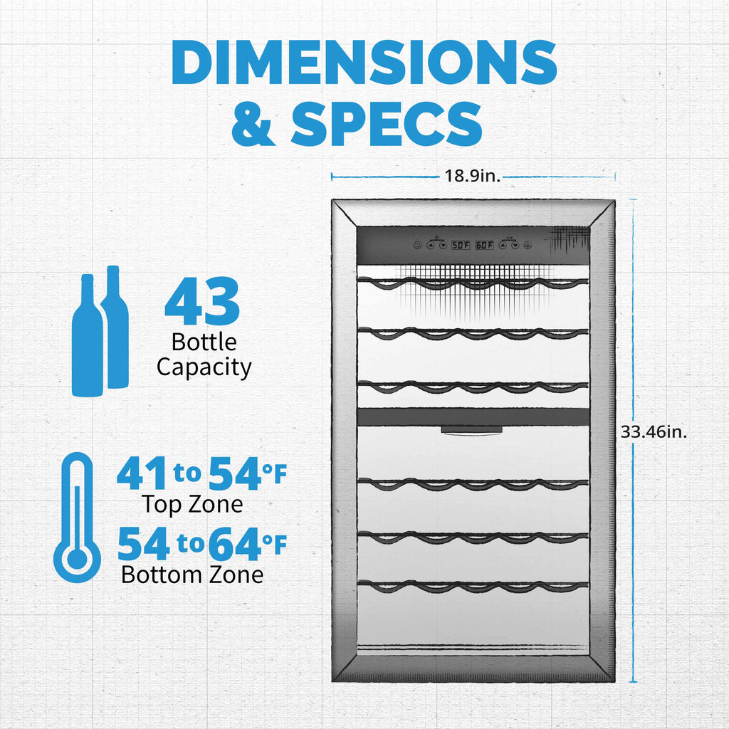 2025 Refrigerador de Vinos Independiente Newair® de Acero Inoxidable – 43 Botellas – 18,9" con Doble Zona