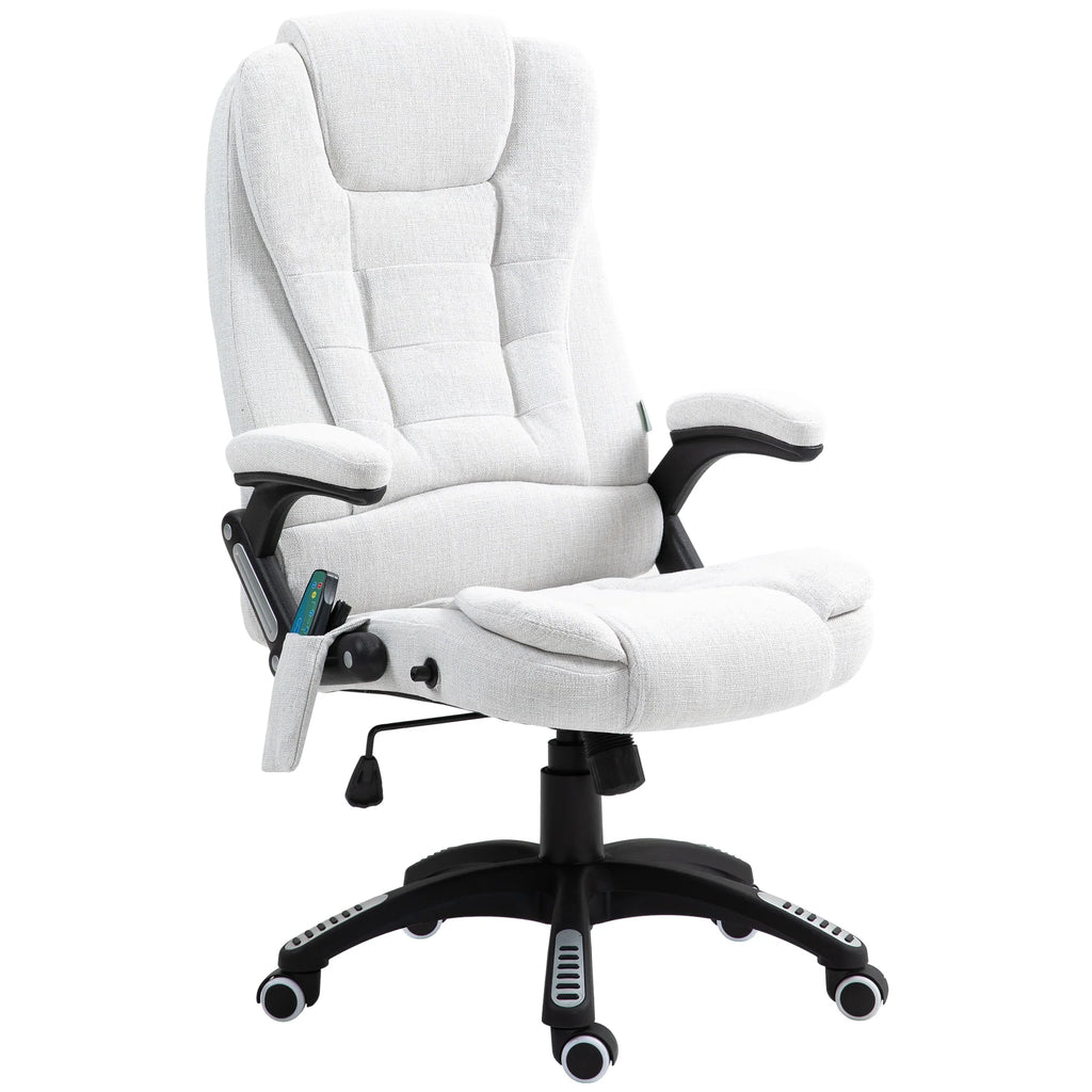Silla de Oficina Ergonómica con Masaje de 6 Puntos y Calefacción en la Espalda, Tela Tipo Lino, Blanco Crema