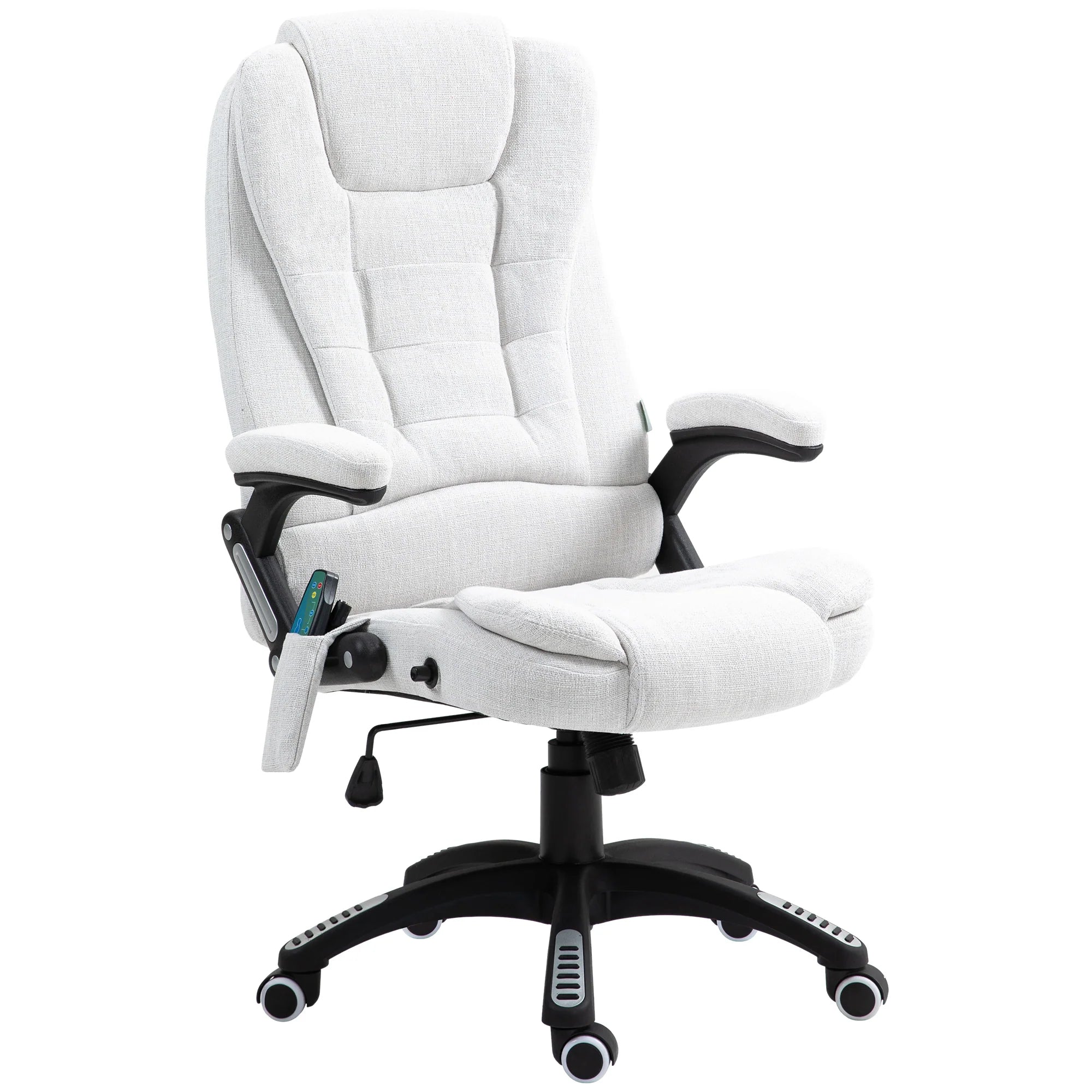Silla de Oficina Ergonómica con Masaje de 6 Puntos y Calefacción en la Espalda, Tela Tipo Lino, Blanco Crema